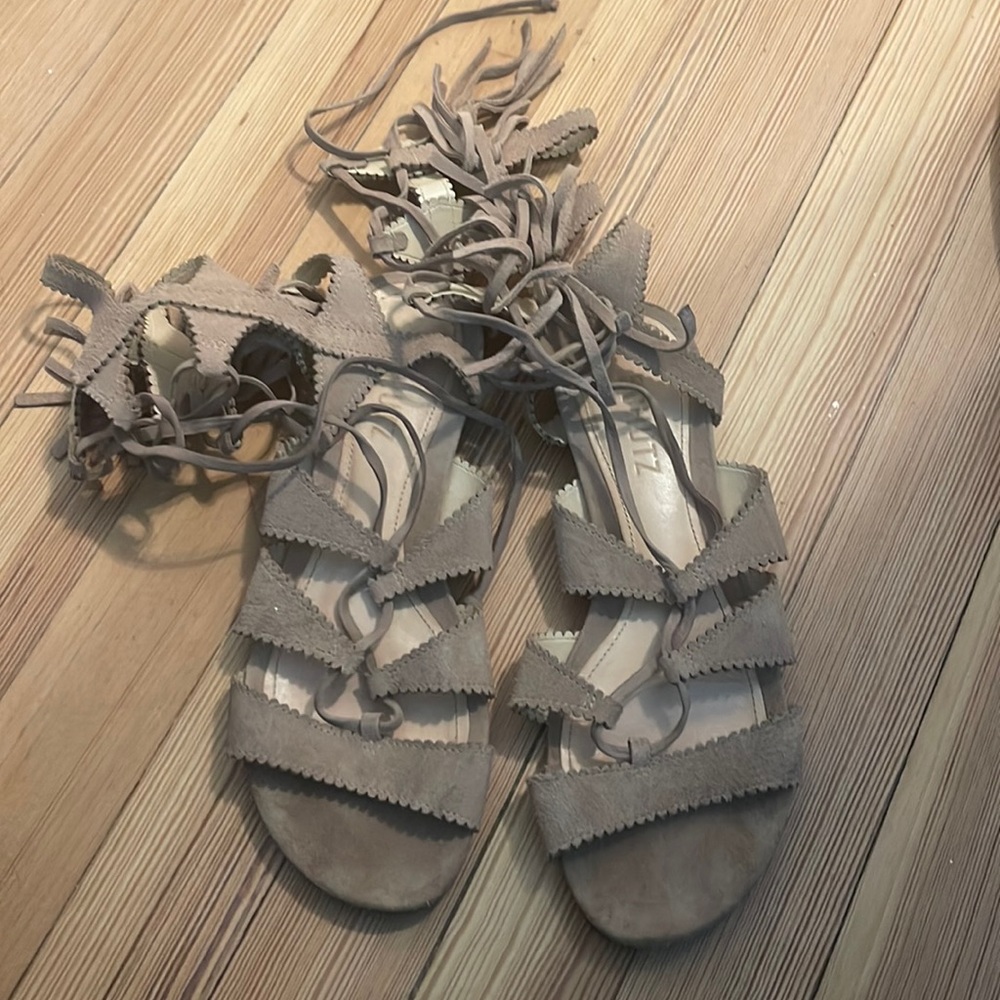 Tan, suede, tall gladiator sandals